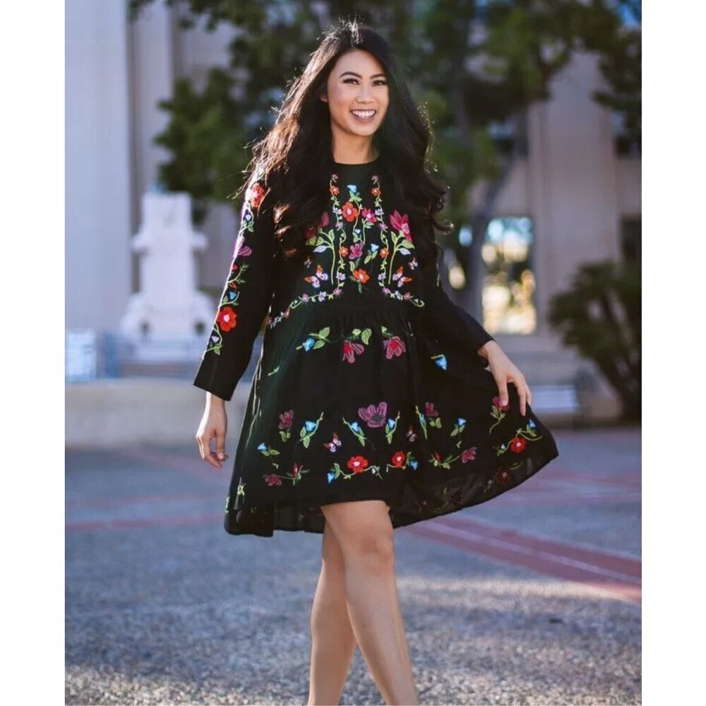 Zara Multicolor Boho Floral Embroidered Long Sleeve Babydoll Mini Dress Size Med